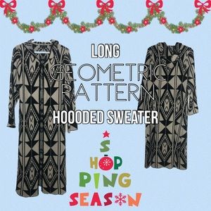 Long heavy hooded sweater with geometric pattern